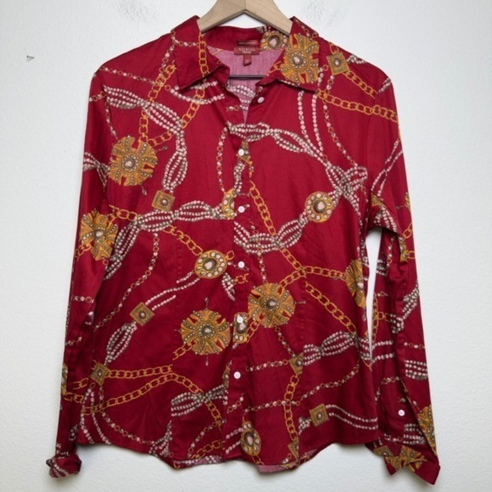 Talbots Women Button Front Top Equestrian Large Red Chain Western Boho